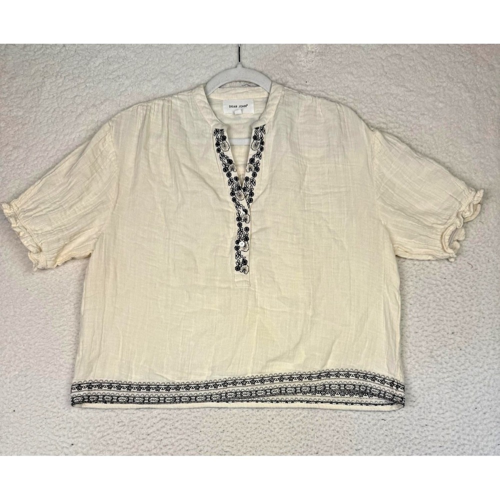 Dear John Blouse Womens Small White Boxy Cropped Embroidered Boho Western Ruffle